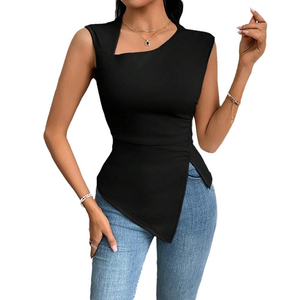 Women's Clothing European and American Elegant Style T-shirt Spring and Summer New Diagonal Collar Slim Short Solid Color Top