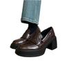 7cm~ Silent Sole Soft Leather Thick Sole Loafers Women's Thick Heel High Heel Single Shoes Girls Small Height Increase Small Leather Shoes