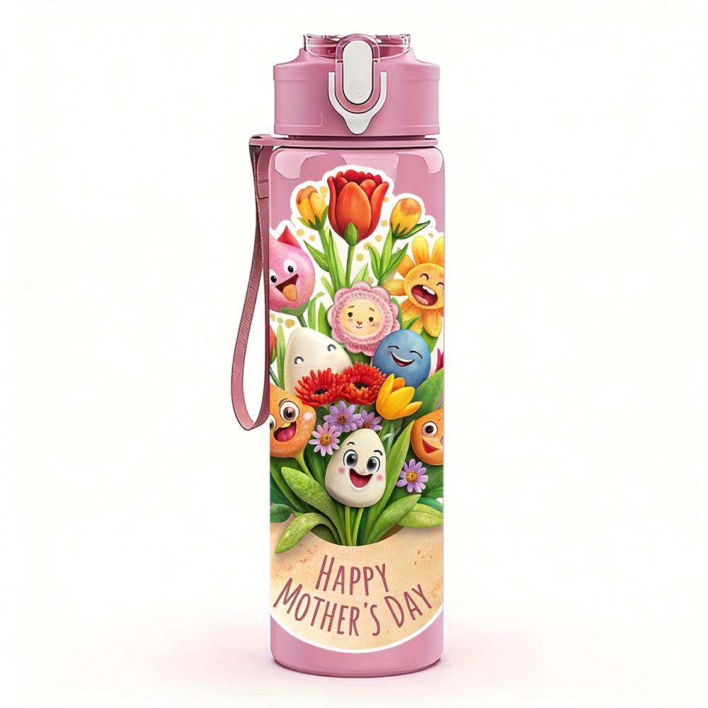 1PC Flower Bouquet Happy Mom Print 750ml Color Plastic Sports Water Bottle Leakproof Flip Straw Lid Suitable for Sports Office Home Use