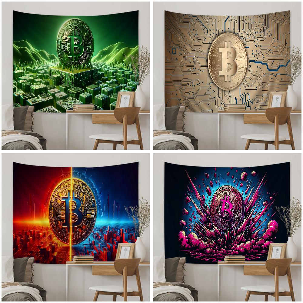 Virtual Currency Bitcoin Colorful Tapestry Wall Hanging Hippie Flower Wall Carpets Dorm Decor Wall Art Decor