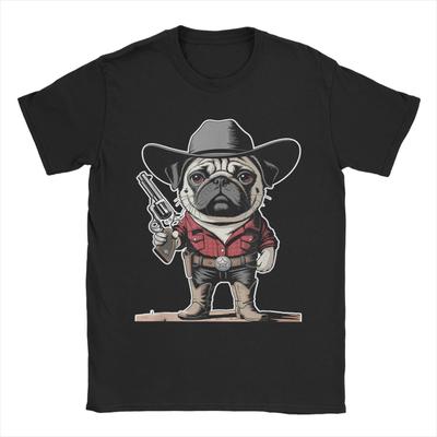 Cowboy Pug Dog Funny Western Dog Pure Cotton T Shirt For Man Summer  Y2K Funny T-Shirts O Neck  Oversized Hot Sale Clothes