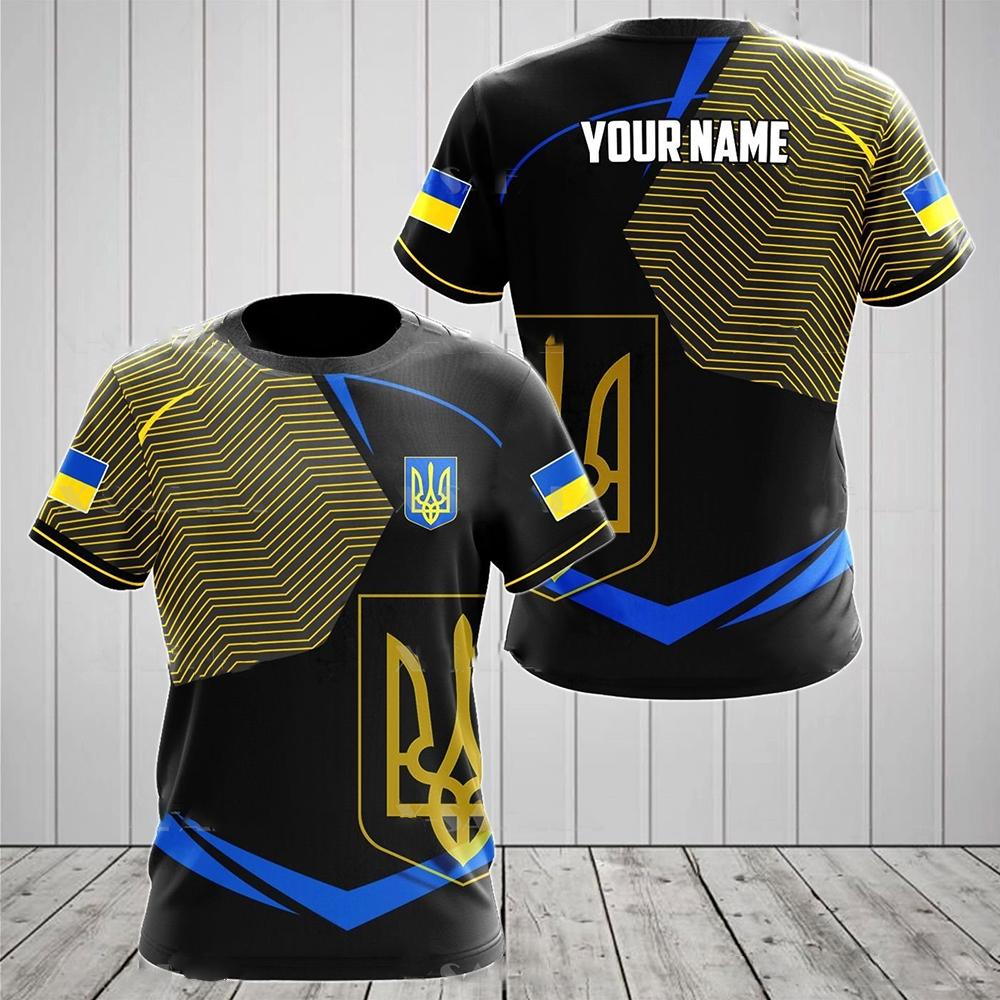 ETST 011 UKRAINE Heren T-shirt Zomer Korte Mouw Oekra&iuml;ne Nationaal Embleem Vlag Print Mode Ronde Hals Pullover Shirt Herenkleding S