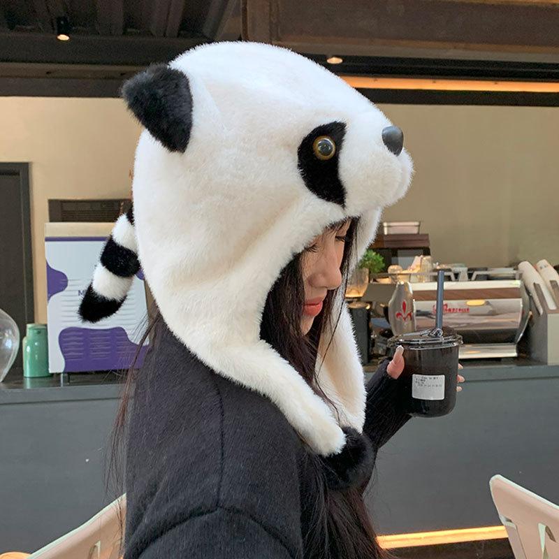 Mignon raton laveur de dessin animé en peluche femelle hiver extérieur ski chaud protection froide des oreilles bonnet à enfiler étudiant