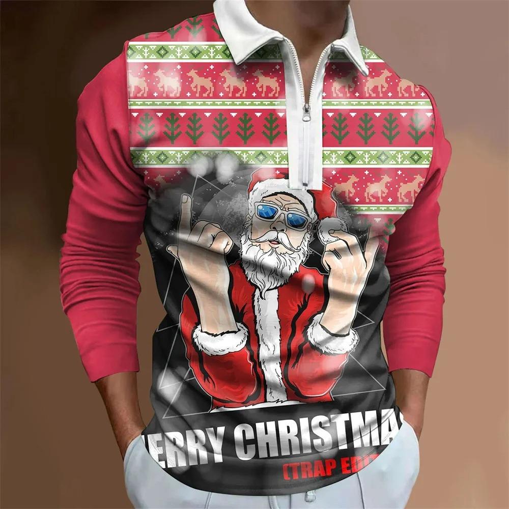 Father Christmas cartoon pattern digital 3D printing polo shirt large size loose men's zip lapel shirt