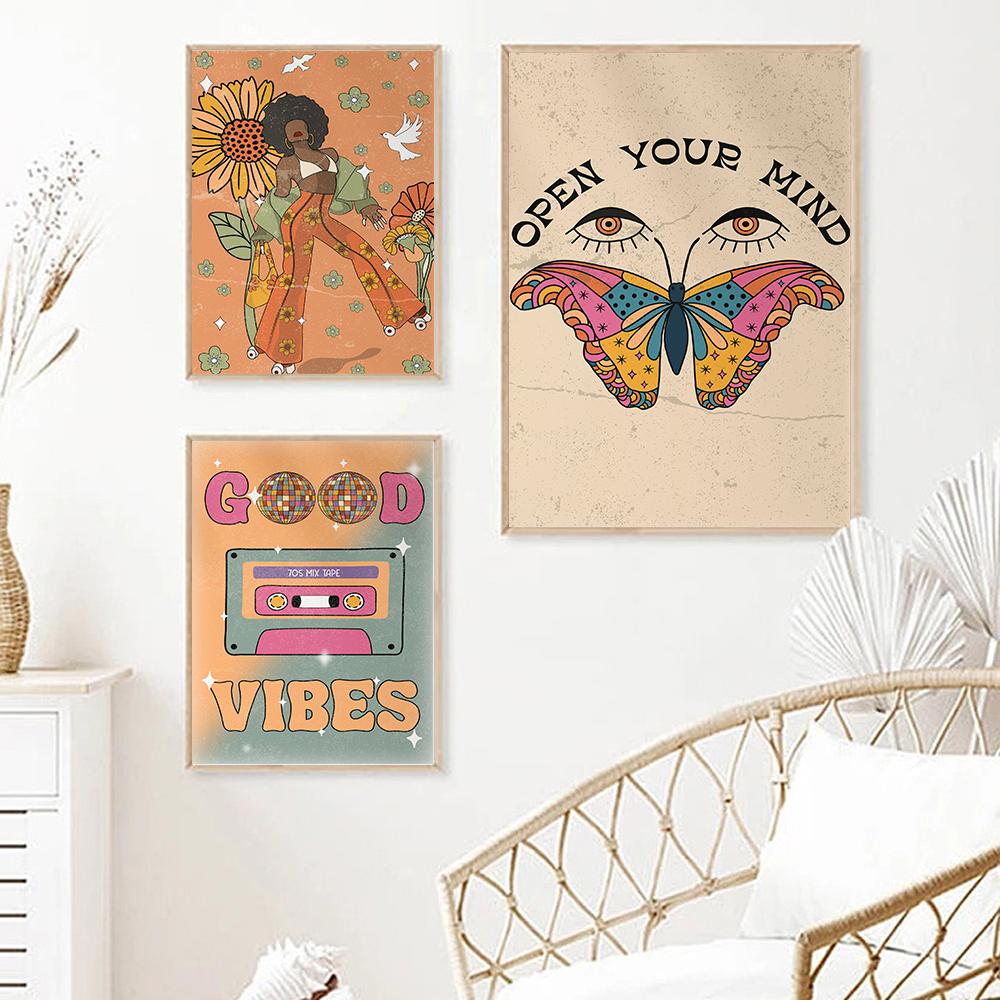 70s Flower Psychedelische Disco Art Poster Fashion Vintage Orange Butterfly Colorful Canvas Painting Room Home Decor No Frame