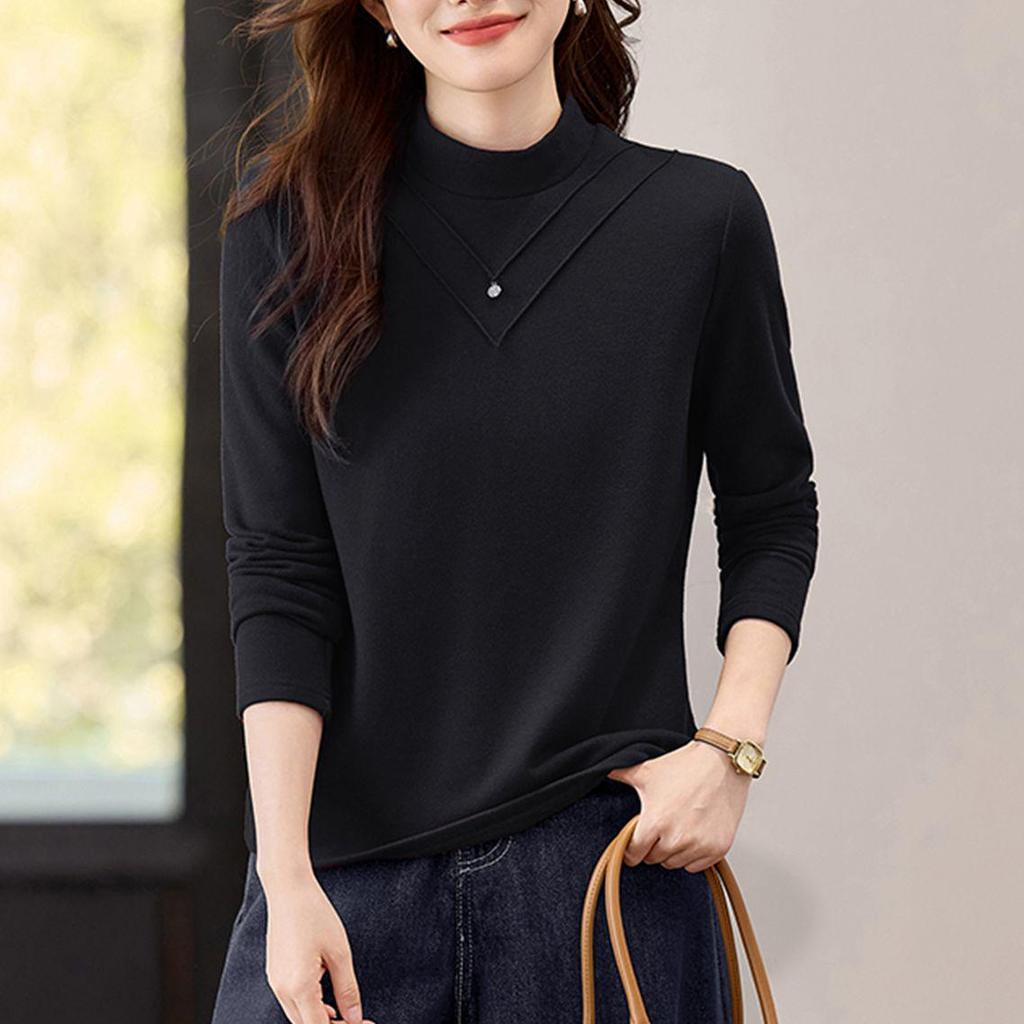 2025 Women's Velvet Half-High Neck Long-Sleeve Slimming Base Layer Top for Autumn/Winter