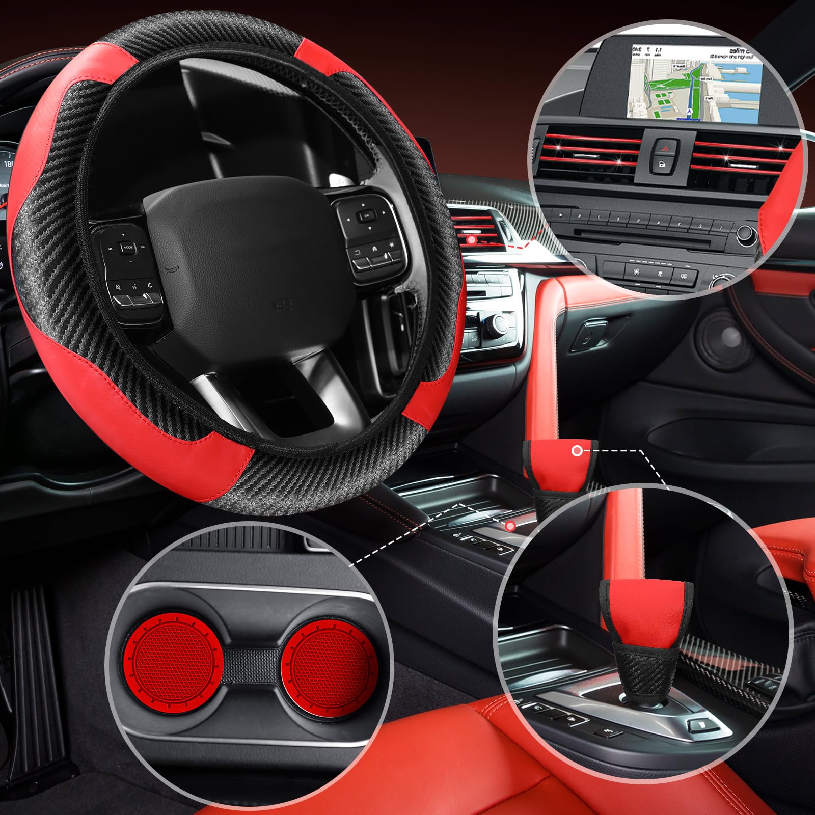 

30pc Car Steering Wheel Cover Gear Cover Handbrake Shoulder Guard Armrest Box Mat Line One Size