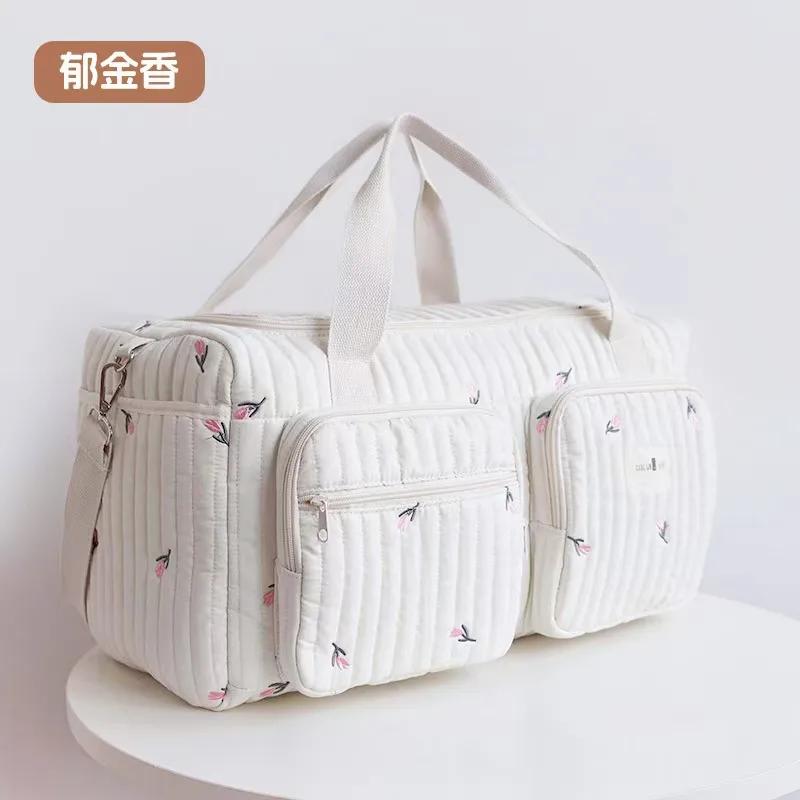 Neue Gepäcktasche Wickeltasche Niedliches Bären-Blumen-Stickmuster Tragetasche Beige Baumwollstoff Reißverschluss Wickel-Handtasche
