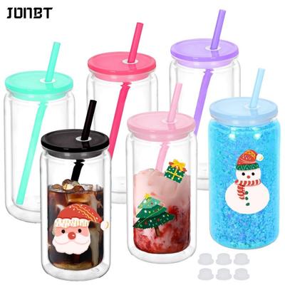 Double Wall Snowglobe Plastic Cups with Pre-Drilled Hole Straw Water Bottte Clear Tumbler Coffee Juice Drinkware Gifts