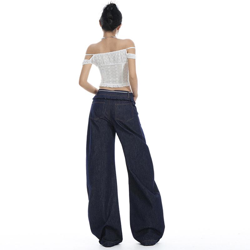Women's Spliced Double Waistband Curved Leg Jeans - American Design, Loose Fit, Slimming, Wide Leg, for Spring & Autumn 2025