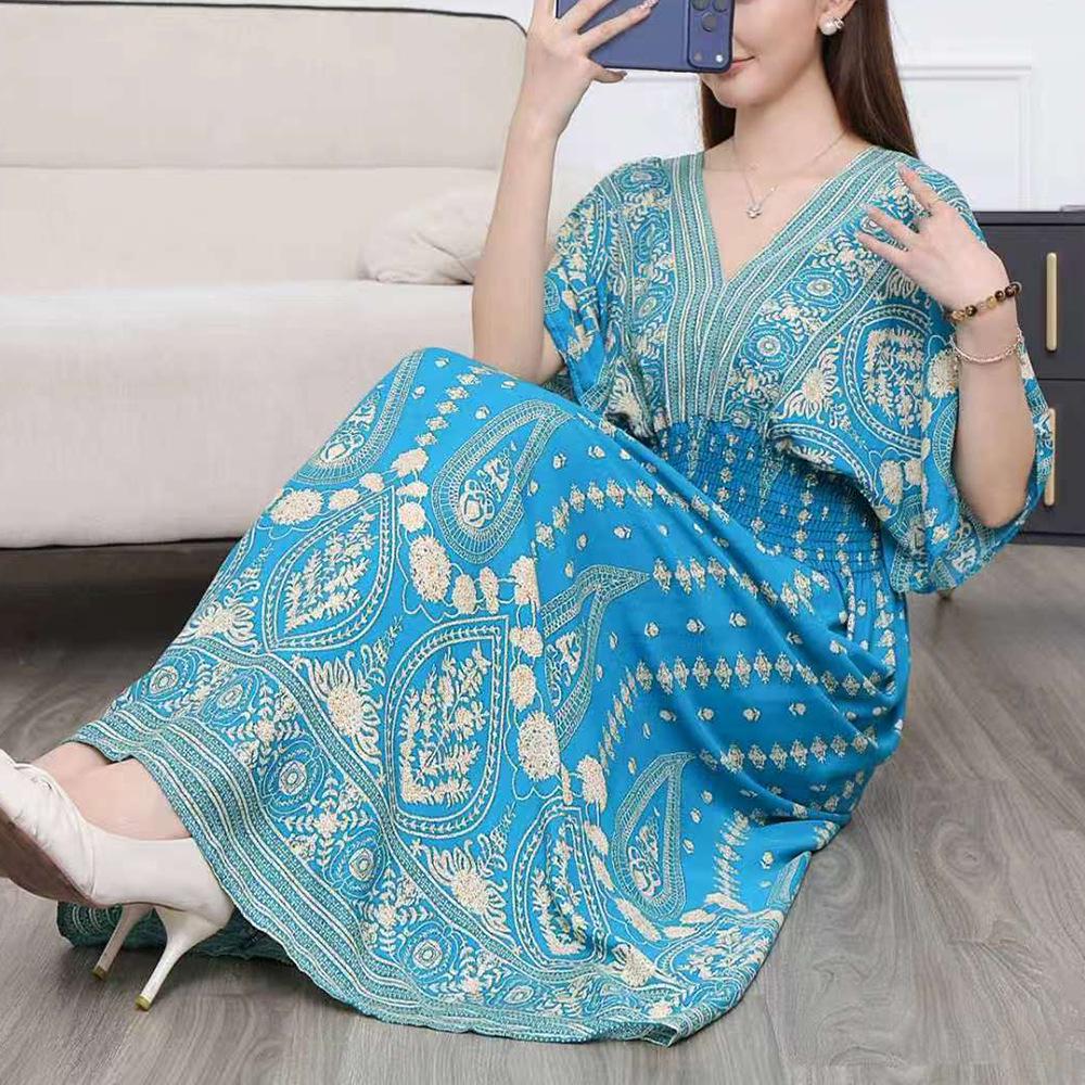 26-Year Floral V-Neck Cotton Silk Batwing Sleeve Beach Dress - Thailand Travel & Vacation Skirt Style