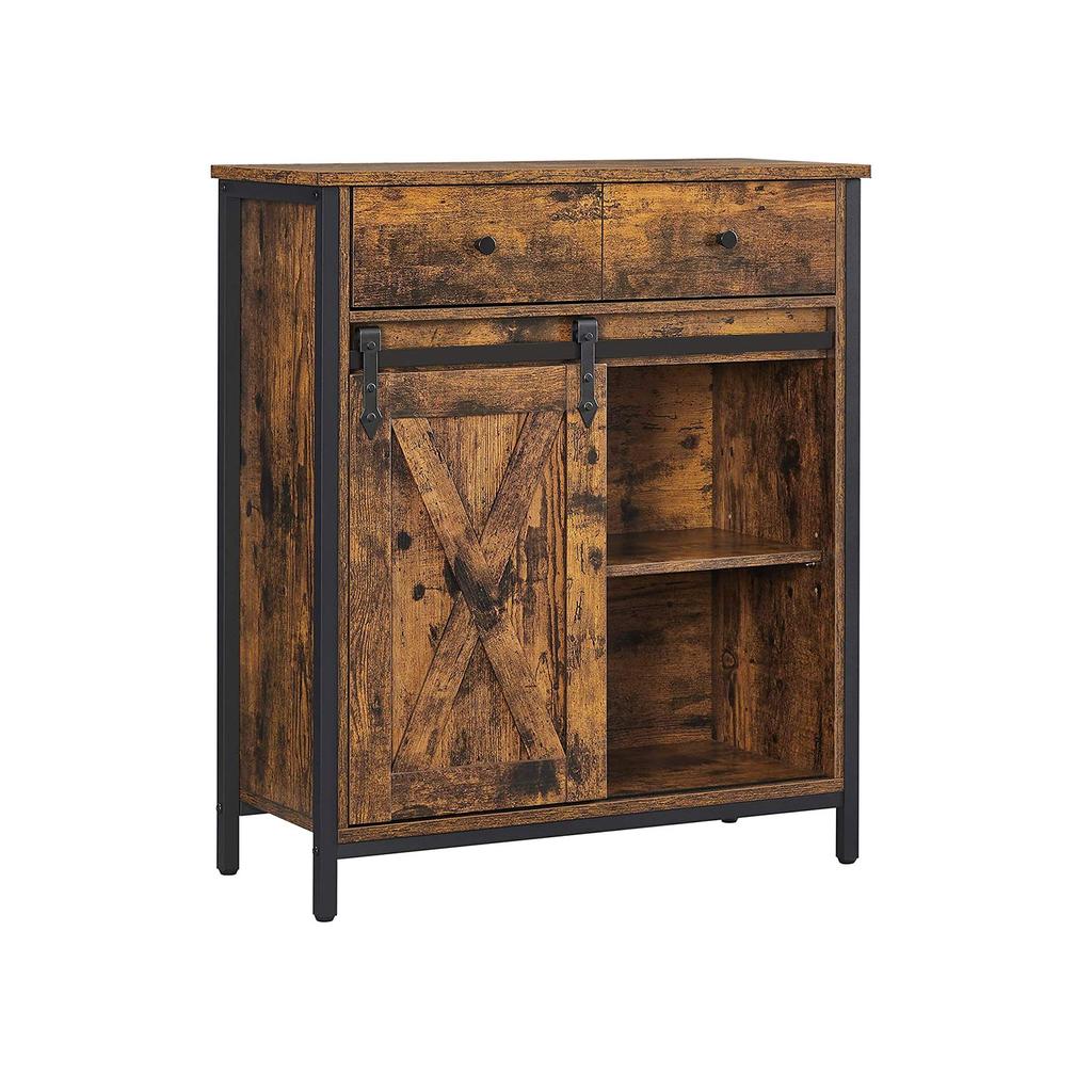 VASAGLE Armadio Contenitore, Credenza e Mobile TV, Mobile a Terra Autoportante con 1 Cassetto e Porta a Scomparsa Stile Rustico, Industriale, Marrone Rustico e Nero
