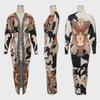 10798 European and American Women's Plus Size V-Neck Long Sleeve Slit Dress with Colorful Print