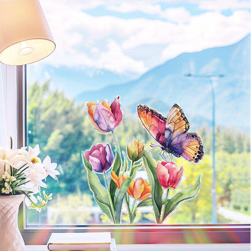 Colorful Tulip Butterfly Home Balcony Glass Door and Window Background Beautification and Decoration Window Stickers