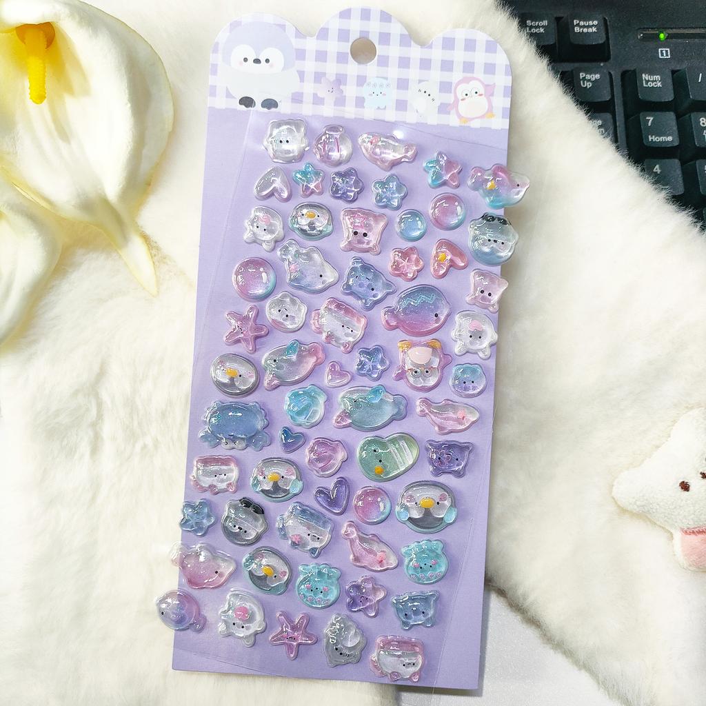 6PCS 3D Crystal Animal Relief Stickers - Sweet Candy Aesthetic Decals Waterproof for Diary Album Phone Case Keyboard Girls Gifts