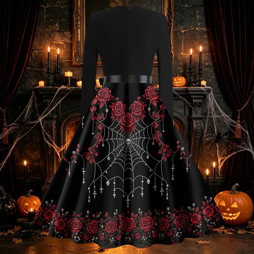 Women's Vintage Retro Long Sleeve V-Neck Flared Dress with Halloween Print for Party