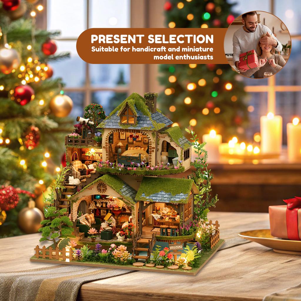Miniature House Kit Wood DIY Miniature House Kit with LED Light DIY Dollhouse Miniatures Kits Mini House Building Set for Adults
