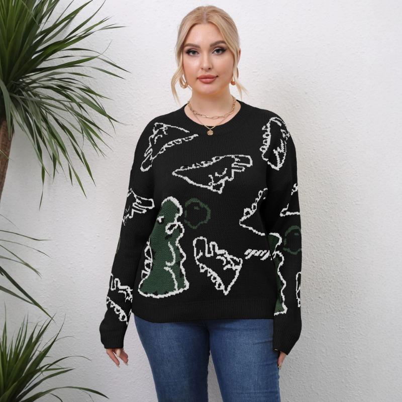 Plus Size Women S Thick Knit Dinosaur Print Pullover Sweater