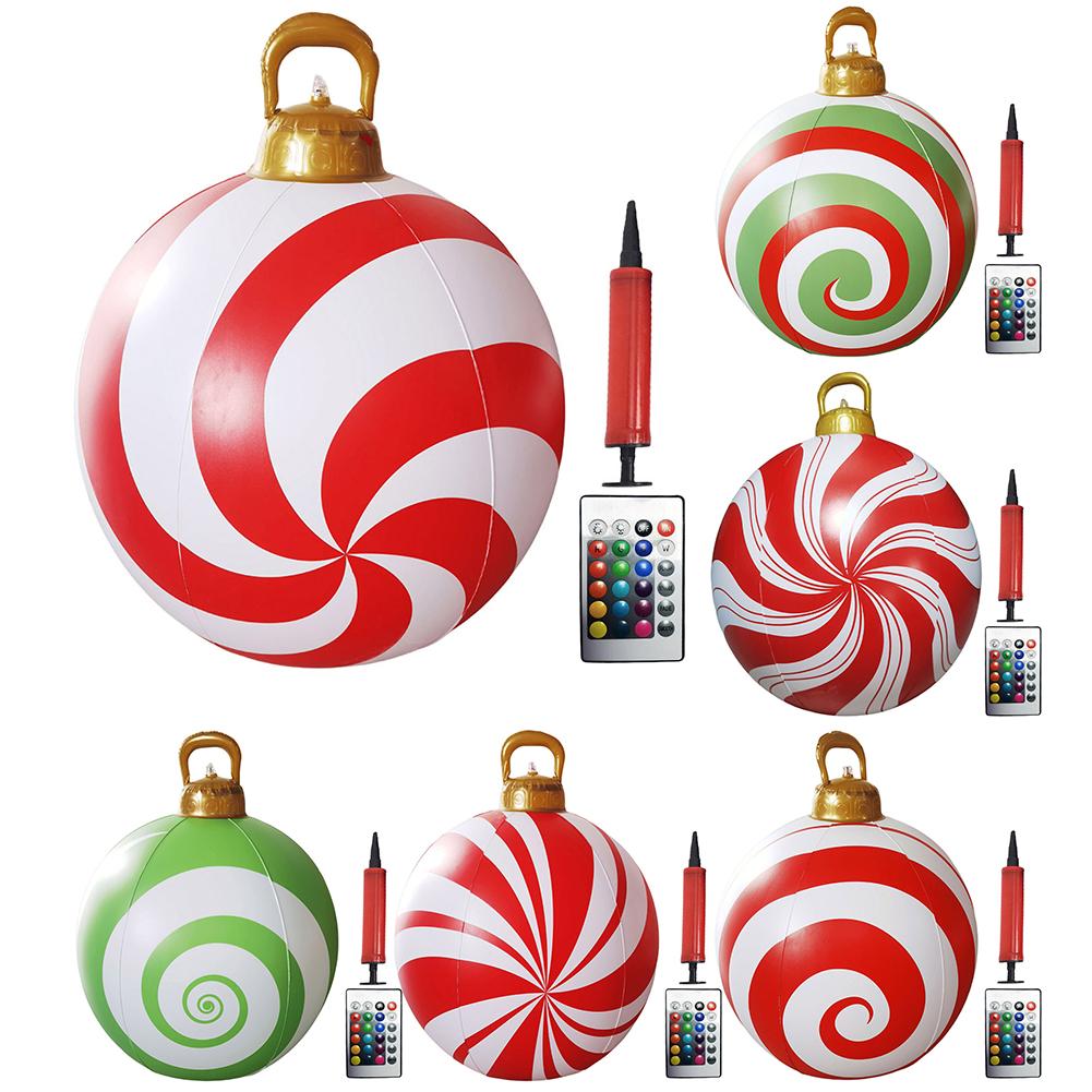 Boule Gonflable Géante de Noël Imprimée de 60 cm avec Lumières Décoration d'Arbre de Noël Jouet Balle Boule de Noël Gonflable Lumineuse Géante