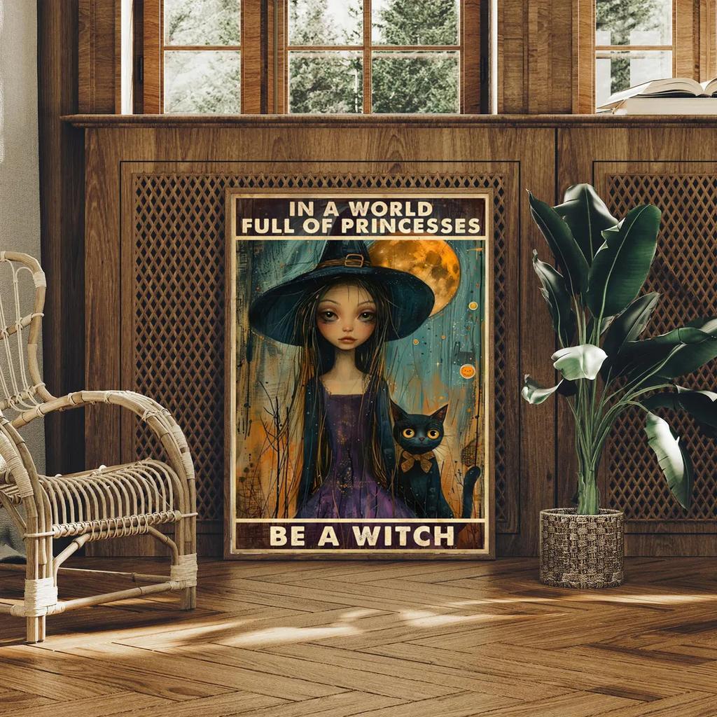 Be A Witch Wall Art Posters and Prints, Witch Witchy Witchcraft Girl And Black Cat Painting, Halloween Home Decor Unframed