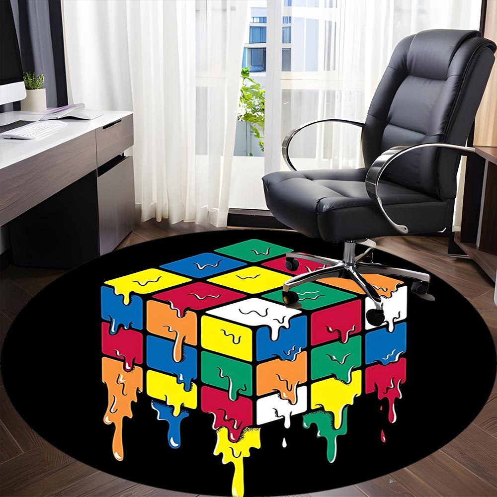 1PC Melting Colors Rubik's Cube Office Round Area Rug,  Mat Suitable ForOffice, Under Office Chairs Bedroom Living Room Home Decor, Room Deco