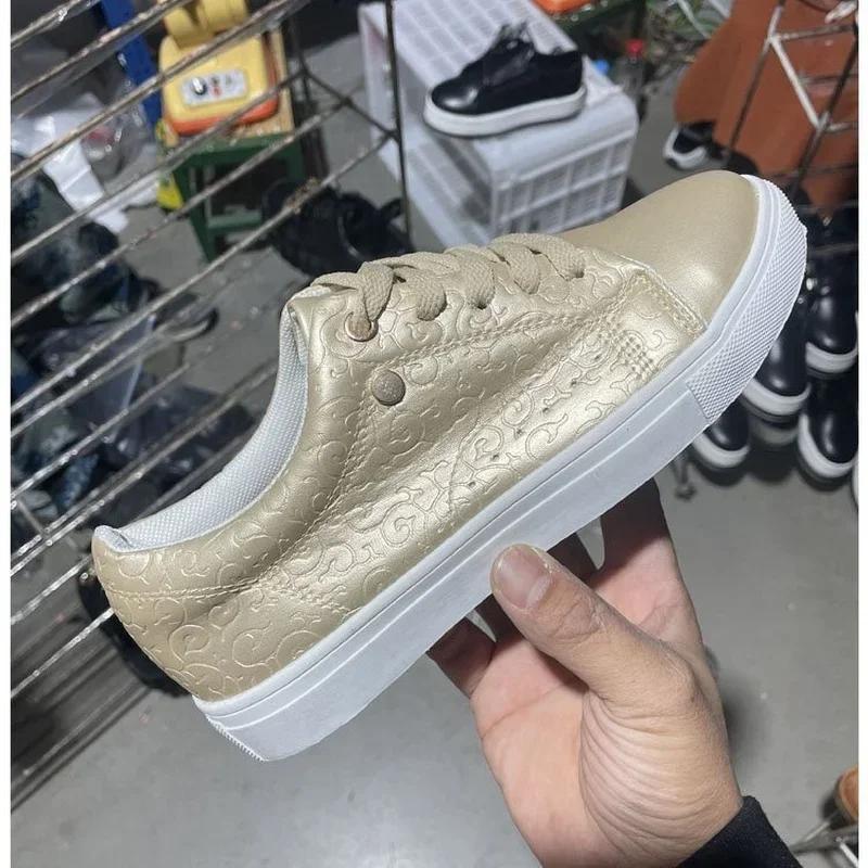 Rose Gold Women Vulcanized Shoes Solid Color Low-heeled Flat Casual Shoes with Golden Buttons 2024 New Lace Up Female Sneakers