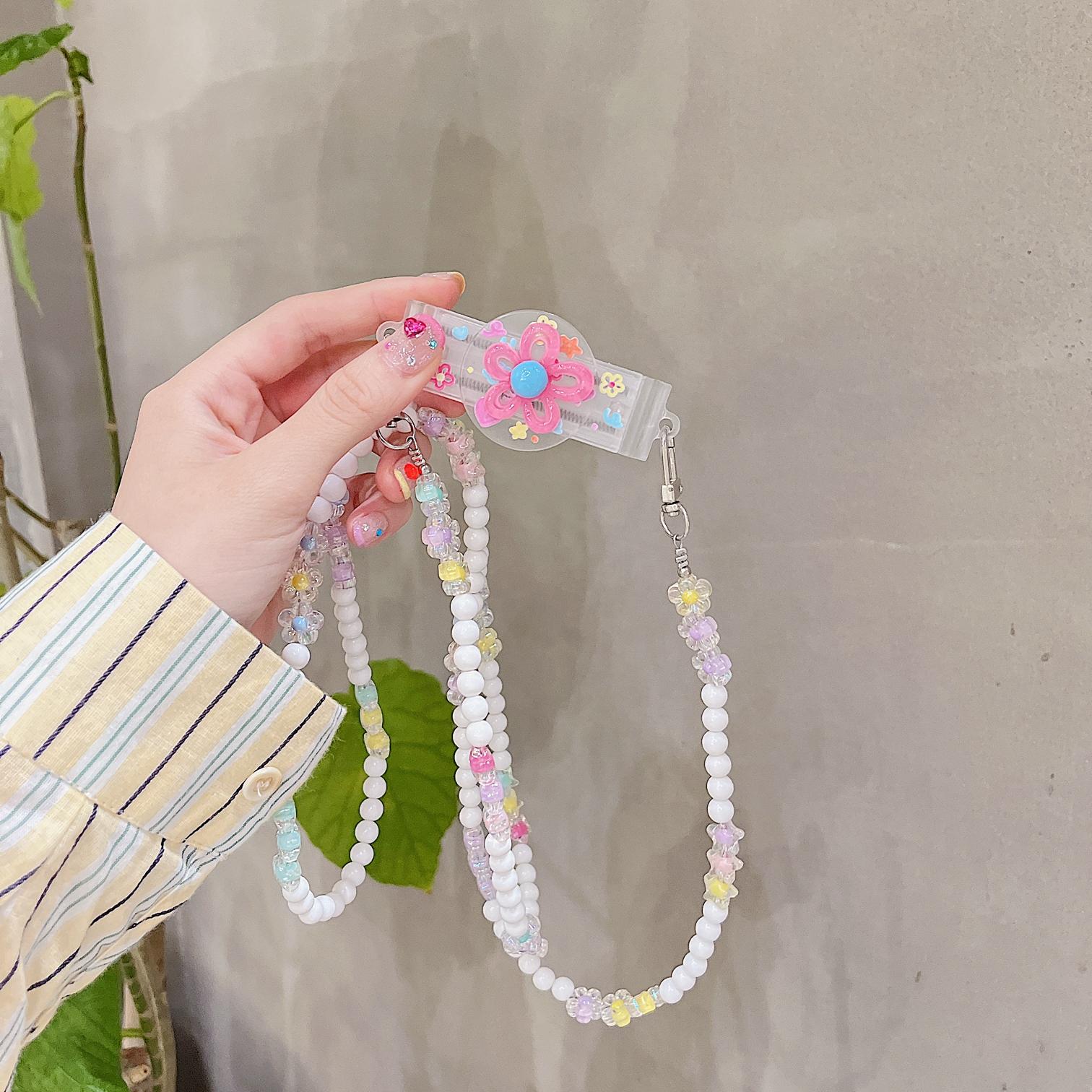 

Phone Lanyard Flowers Crossbody Mobile Phone Strap with Back Clip White