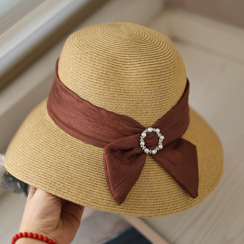 Spring/summer Fashionable Pearl Button Bow Pot Hat, Beach Large Brim Elegant Sun-protection Outdoor Straw Hat for Women