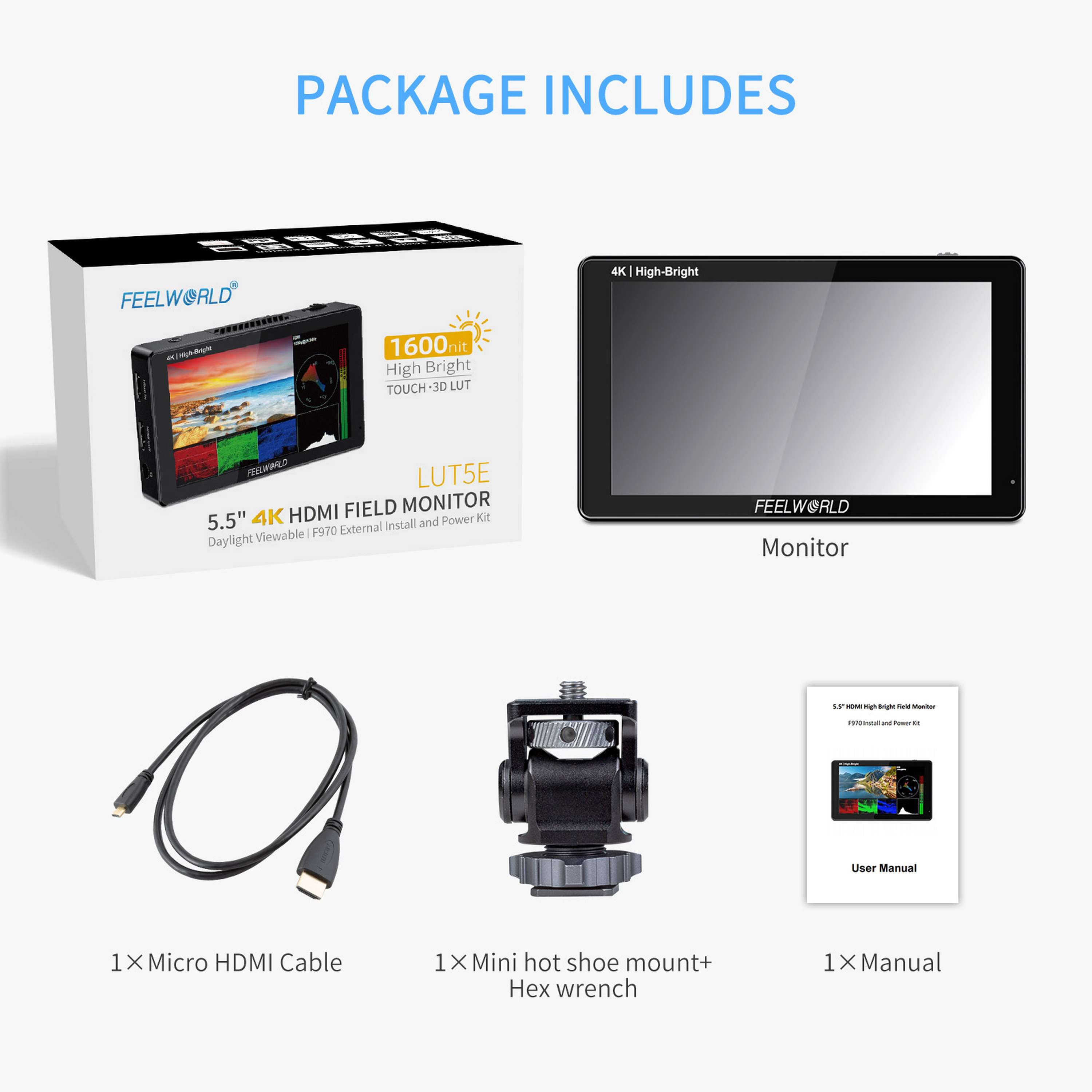 FEELWORLD LUT5E DSLR Camera Monitor Professional 5.5 1600nit Touch HDMI Monitor Kit, Custom Packaging Bulk Orders LUT5E чёрный