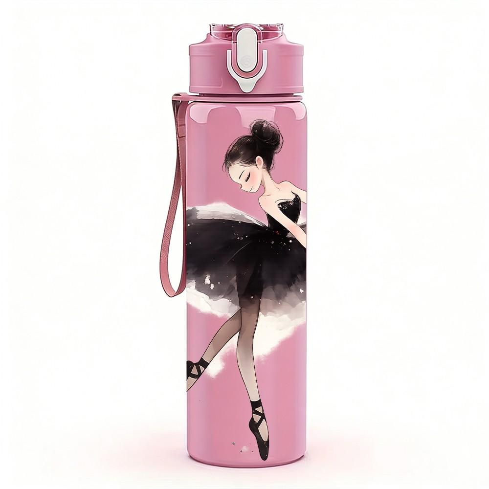 1PC Black Dress Ballerina Dancer Print 750ml Color Plastic Sports Water Bottle Leakproof Flip Straw Lid Suitable for Sports Office Home Use