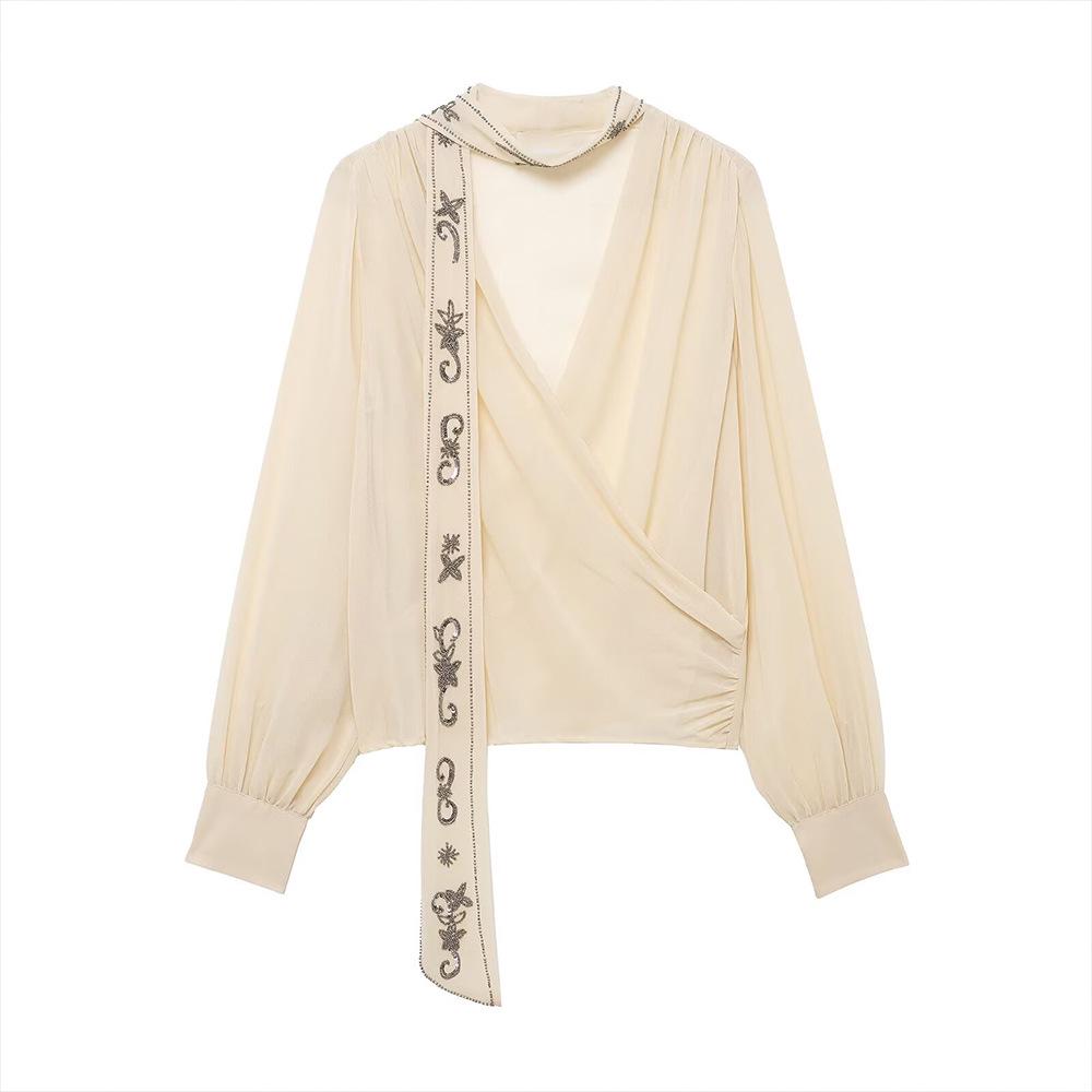 PB&ZA Women s Spring Fashion Beaded Scarf Shirt - Elegant, Lightly Mature Design (0881141) Extra Small