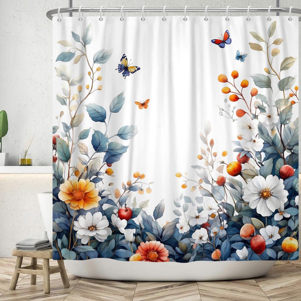 Watercolor Floral Shower Curtain Vibrant Wildflower Butterfly Print Waterproof Bathroom Curtain Decor Polyester With 12 Hooks