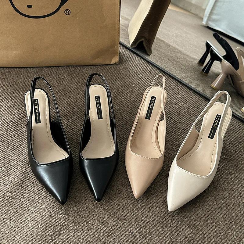 Fashion Baotou Back Empty Sandals High Heels Women's Thick Heel 2024 Spring New Single Shoes Pointed Toe Black Work Shoes High Heels