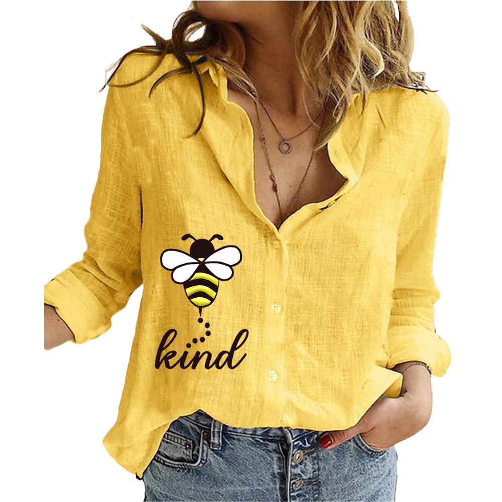 

Женская мода с длинным рукавом из хлопка и льна, летняя и осенняя свободная рубашка с принтом, женские повседневные блузки на пуговицах 5XL жёлтый
