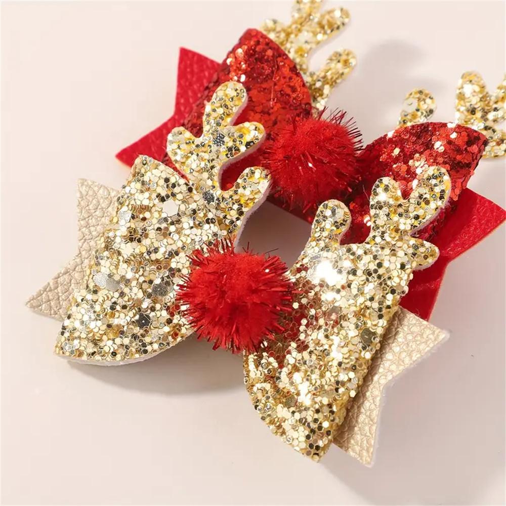 4pcs Children's Christmas Antler Hair Clip Glitter Elk Bow Hair Accessories For Girls Princess Pompom Party Hairpins Ideal Gifts