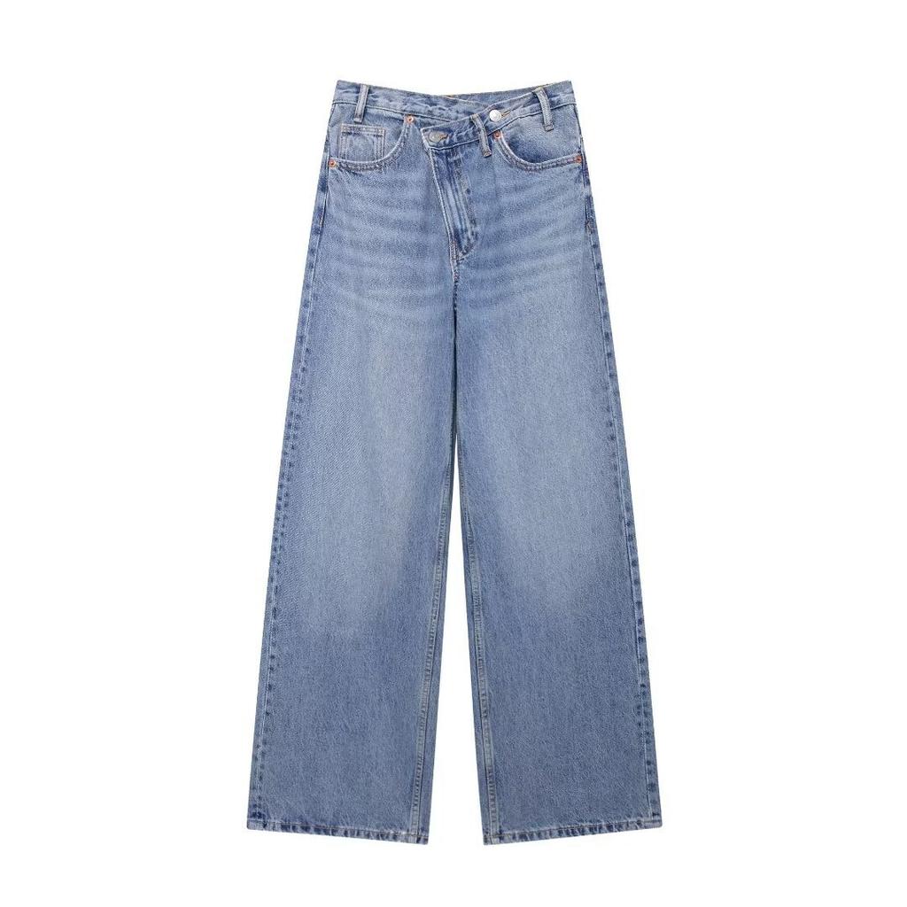Autumn Women Denim Jeans Causal Ladies Zipper Wide Leg Long Pants Vintage Pockets Loose Streetwear Baggy Chic Trousers