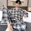 Spring Cotton Plaid Pajama Set for Men Long Sleeve Cardigan Trousers Homewear Loungewear Homme