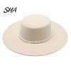 Luxury Faux Pearl Trimmed Hat Wide Brim Wool Felt for Women, Vintage Flat Top Fedora Elegant Winter Warm Headwear with Trim, Cap Autumn Fashion
