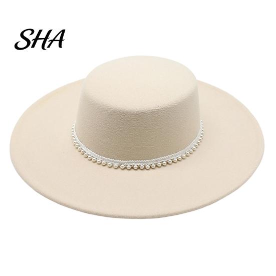 Luxury Faux Pearl Trimmed Hat Wide Brim Wool Felt for Women, Vintage Flat Top Fedora Elegant Winter Warm Headwear with Trim, Cap Autumn Fashion