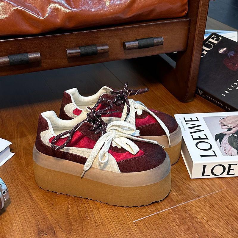 

Retro polished muffin thick-soled German training shoes women s new versatile small height-increasing casual board shoes 40 красный