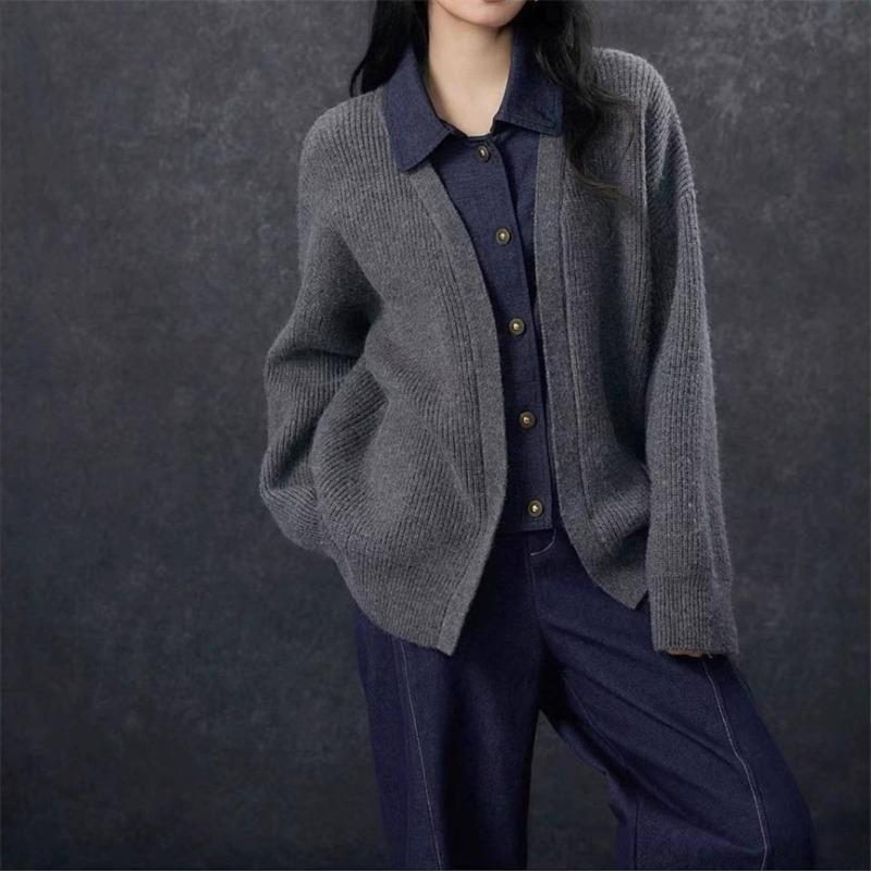 Premium Sense Loose Casual Fake Two-piece Denim Splicing Knitted Cardigan Women's Clothing Autumn and Winter New Sweater Jacket