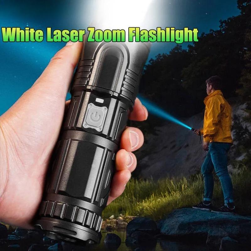 Powerful White Laser Flashlights Telescopic Zoom Tactical Spotlights Rechargeable Outdoor Torch With Tail Light Built-in Battery