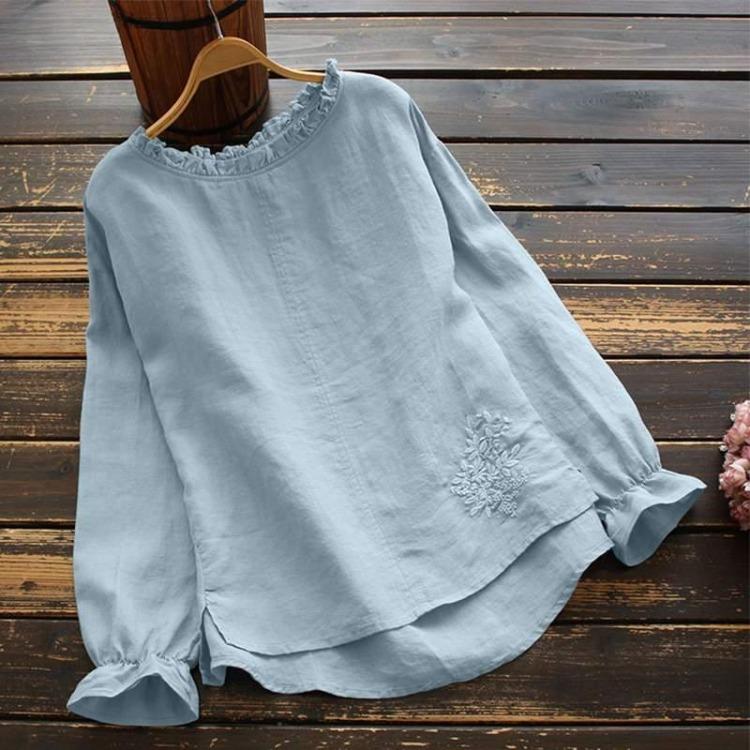 Vintage Women Casual Loose Floral Blouse Long Sleeve Cotton Chemise Embroidery Ruffled Top Autumn Shirt