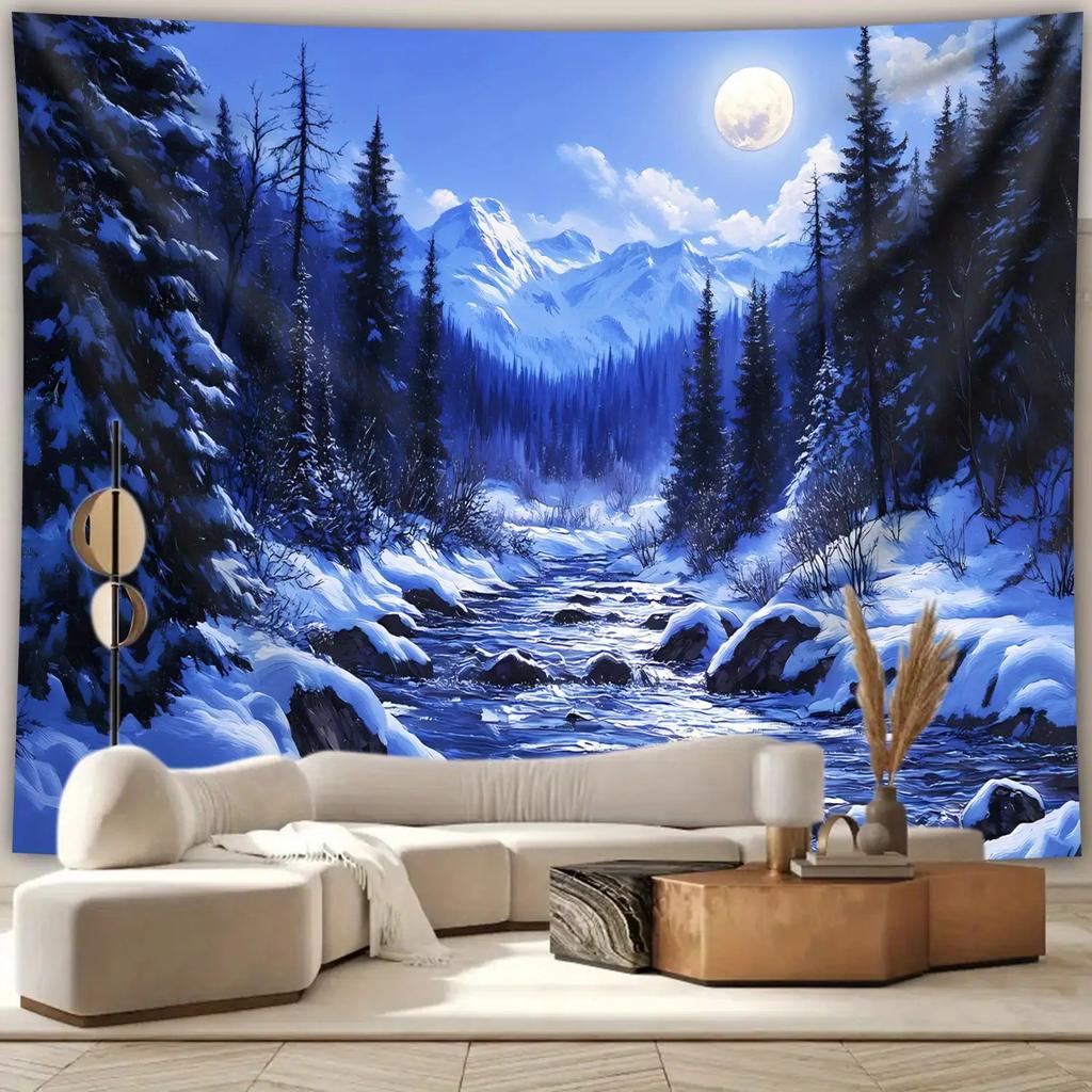 Winter Forest With Snowy Mountains Moon And River Wall Tapestry Art Decor For Boho Living Room Nature Home Interior