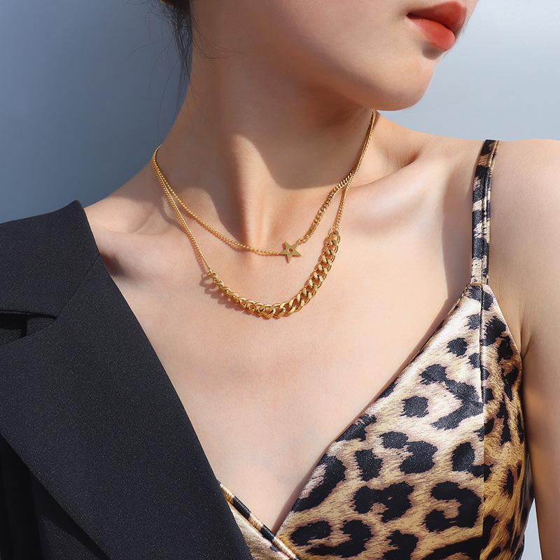 French Retro Double Layer Thick Chain Clavicle Necklace - Electroplated Real Gold, European & American Style Jewelry for Women