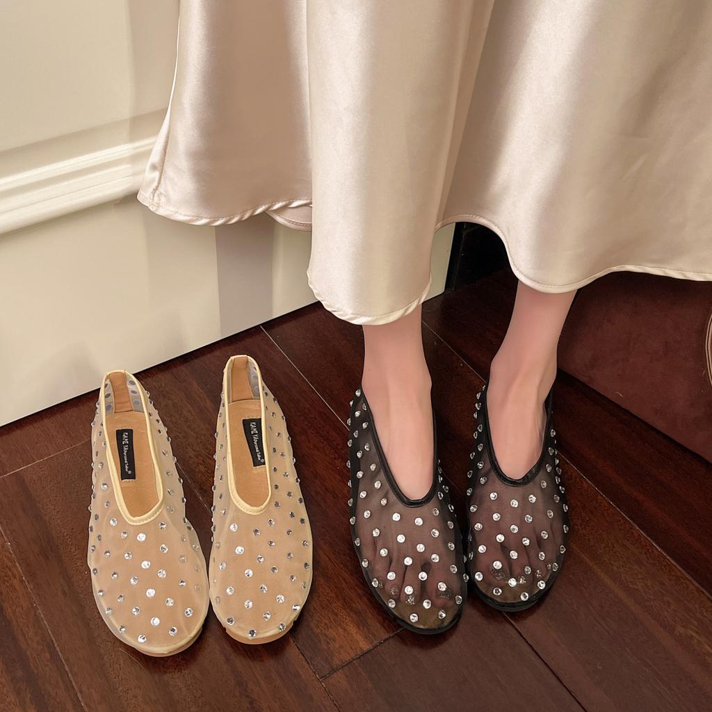 Women Flats Luxury Crystal Rivet Design Sandals Summer Mesh Breathable Ballet Shoes Plus Size Ladies Elegant Party Dress Loafers