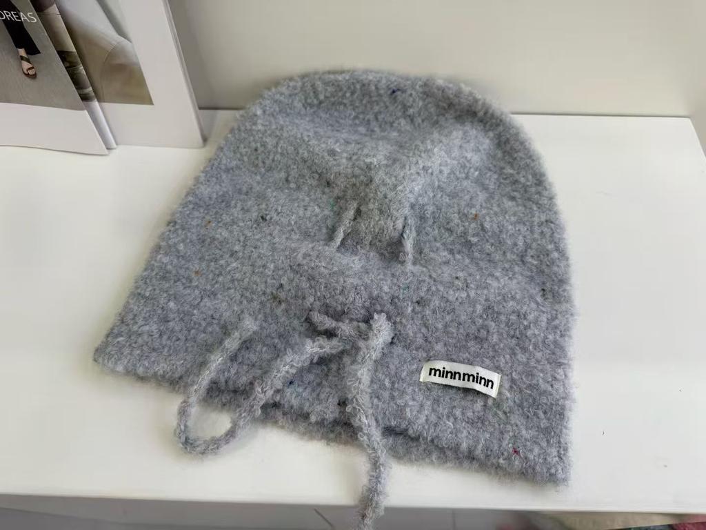 Curling lazy wind outdoor drawstring stacking hat knitted wool pullover hat neat solid color ear protection cold hat bag head