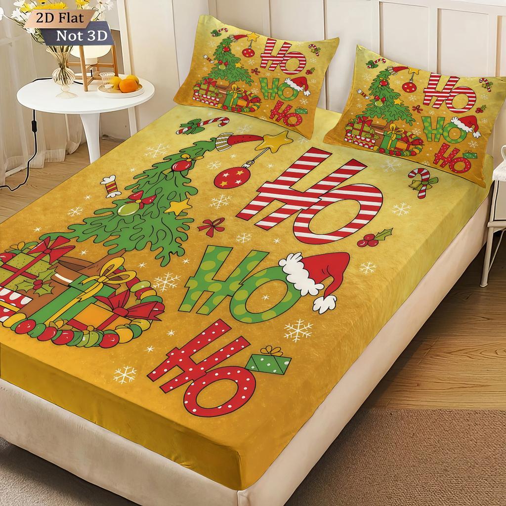 3pcs Cartoon Christmas Tree HO Print Coreless Bed Sheet Set Multi Size Soft Bed Cover Bedroom Bedding Holiday Decoration
