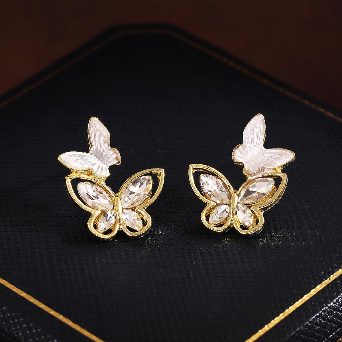 Sweet Silver Butterfly Rhinestone Hollow Stud Earrings
