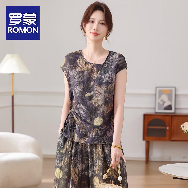 ROMON Women s Plus Size Summer Short Sleeve Wide-Leg Pants Set 5XL